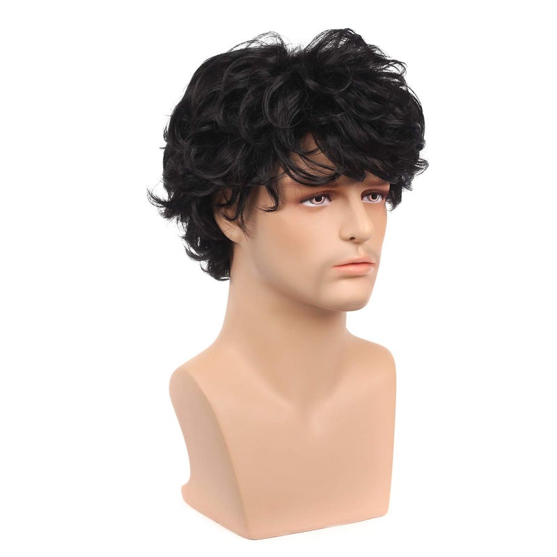 Kaneles Mens Short Curly Black Wig with Bang Costume Halloween Cosplay Party Natural Hair Wig - Image 3